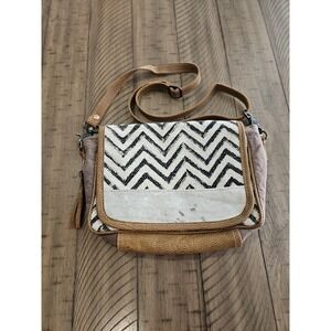 Myra Bag Gray Brown Upcycled Canvas Cowhide Leather Zigzag Tribal Western Boho